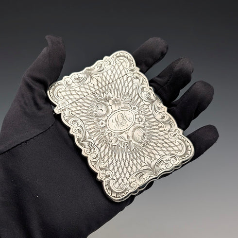 1863年 英国アンティーク フローラル彫刻 純銀製カードケース 57g Hillard&Thomason